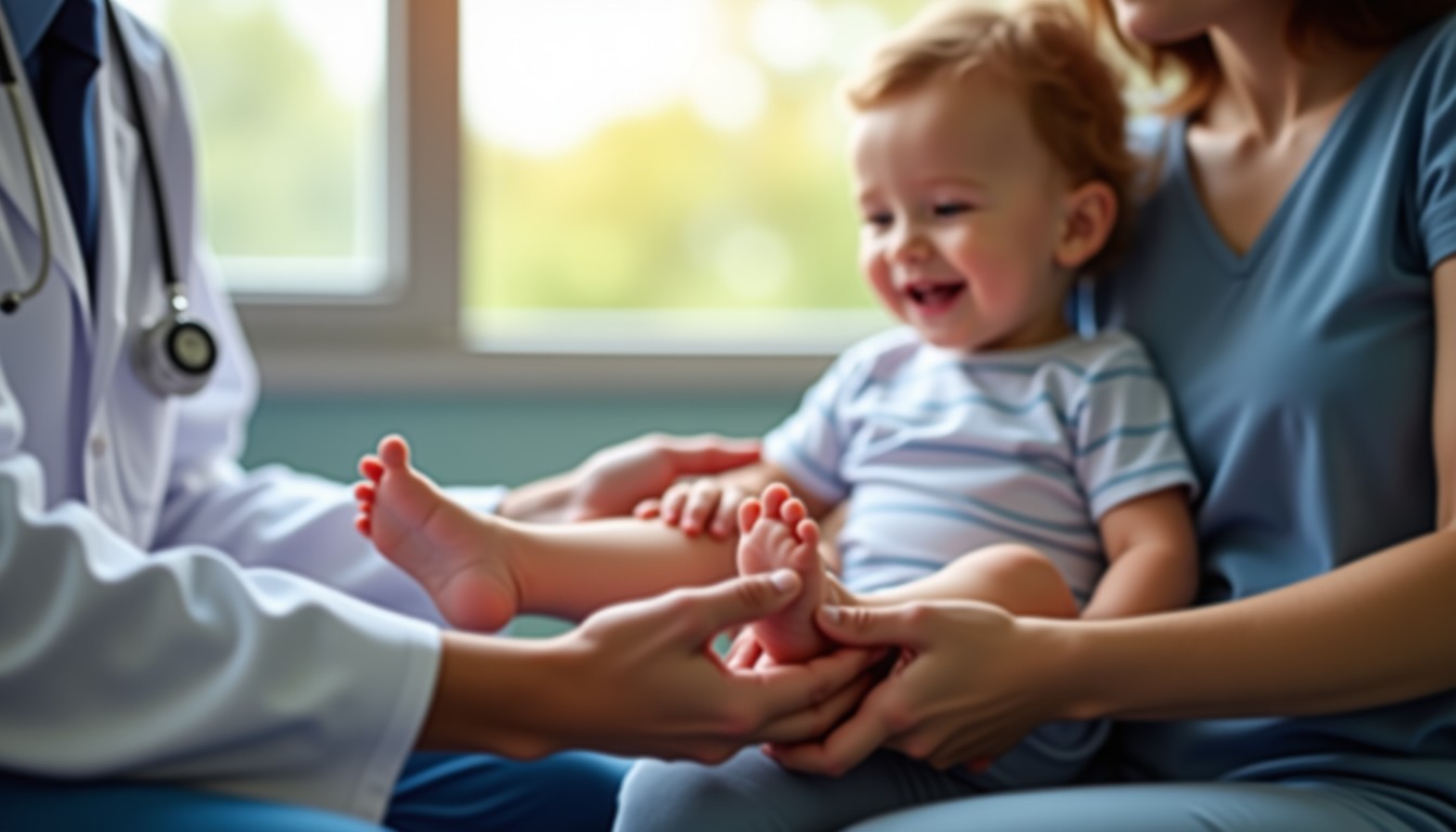 Médico examinando o pé de um bebê no colo da mãe